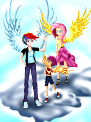 Size: 2976x3968 | Tagged: safe, artist:malami95, fluttershy, rainbow dash, scootaloo, human, g4, cloud, high res, humanized, winged humanization