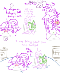 Size: 1280x1611 | Tagged: safe, artist:adorkabletwilightandfriends, spike, twilight sparkle, alicorn, dragon, pony, comic:adorkable twilight and friends, g4, adorkable, adorkable twilight, allergies, comic, cute, dork, female, hay fever, humor, lineart, mare, red nosed, sketch, slice of life, twilight sparkle (alicorn)