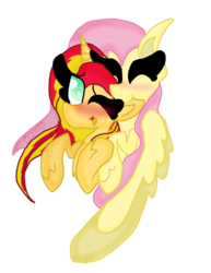 Size: 1024x1323 | Tagged: safe, artist:tizhonolulu, fluttershy, sunset shimmer, pony, unicorn, g4, blushing, cute, ear, female, lesbian, nibbling, shimmerbetes, ship:sunshyne, shipping, shyabetes