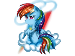 Size: 1024x768 | Tagged: safe, artist:scarlett-letter, rainbow dash, pegasus, pony, g4, chibi, cloud, female, looking at you, looking back, solo