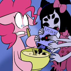 Size: 576x576 | Tagged: safe, artist:pembroke, pinkie pie, black widow, earth pony, pony, spider, g4, batter, crossover, duo, food, implied cannibalism, incorrect black widow marking placement, muffet, shrunken pupils, undertale