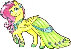 Size: 1280x874 | Tagged: safe, artist:twixyamber, fluttershy, g4, clothes, dress, female, gala dress, solo, traditional art