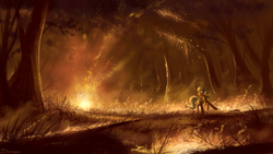 Size: 1920x1080 | Tagged: dead source, safe, artist:shamanguli, applejack, g4, explosion, female, fire, forest, forest fire, running, scared, scenery, solo