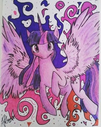 Size: 768x960 | Tagged: safe, artist:fleirashimizu, twilight sparkle, alicorn, pony, g4, female, flying, looking at you, mare, solo, traditional art, twilight sparkle (alicorn)