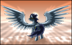 Size: 3640x2277 | Tagged: safe, artist:stormblaze-pegasus, soarin', pegasus, pony, g4, cloud, crepuscular rays, goggles, high res, male, solo, spread wings, stallion