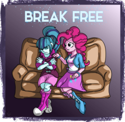 Size: 2406x2338 | Tagged: safe, artist:stormblaze-pegasus, pinkie pie, sonata dusk, equestria girls, g4, comforting, couch, fanfic art, fanfic cover, high res, sad