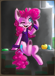 Size: 473x654 | Tagged: safe, artist:suplolnope, pinkie pie, g4, apple, clothes, crossover, female, fluffy, food, gem, minecraft, solo