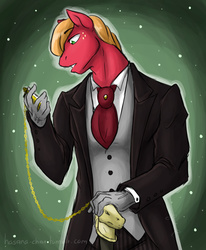 Size: 1280x1554 | Tagged: safe, artist:hasana-chan, big macintosh, earth pony, anthro, g4, big macinhunk, cane, chains, clock, clothes, dapper, fancy, gloves, male, necktie, solo, suit, watch