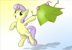 Size: 1776x1227 | Tagged: safe, artist:bluemeganium, sunshine petals, pony, unicorn, g4, apron, belly button, bipedal, clothes, female, happy, leaping, smiling, solo, throwing