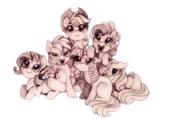 Size: 1115x772 | Tagged: safe, artist:buttersprinkle, applejack, fluttershy, pinkie pie, rainbow dash, rarity, twilight sparkle, g4, blank flank, cute, mane six, pen drawing, smiling, traditional art, younger