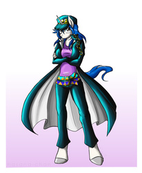 Size: 1280x1554 | Tagged: safe, artist:hasana-chan, oc, oc only, oc:pookey, unicorn, anthro, unguligrade anthro, badass longcoat, cap, clothes, coat, cosplay, costume, crossed arms, hat, jojo's bizarre adventure, jotaro kujo, longcoat