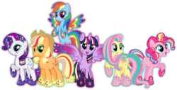 Size: 8480x4310 | Tagged: safe, artist:osipush, applejack, fluttershy, pinkie pie, rainbow dash, rarity, twilight sparkle, alicorn, pony, g4, absurd resolution, colored wings, commission, cutie mark magic, female, mane six, mare, multicolored wings, open mouth, rainbow power, rainbow power-ified, rainbow wings, simple background, transparent background, twilight sparkle (alicorn), vector, wingding eyes