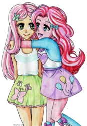 Size: 744x1074 | Tagged: safe, artist:michychan, fluttershy, pinkie pie, equestria girls, g4, anime, hug, smiling, traditional art