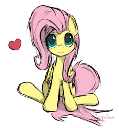 Size: 801x856 | Tagged: safe, artist:absyndian, fluttershy, g4, cute, female, folded wings, heart, looking up, shyabetes, simple background, sitting, solo, white background