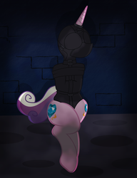 Size: 600x783 | Tagged: safe, alternate version, artist:radiantrealm, princess cadance, alicorn, pony, g4, blindfold, bondage, female, gag, hood, horn, horn ring, magic suppression, muzzle gag, sensory deprivation, show accurate, solo, straitjacket