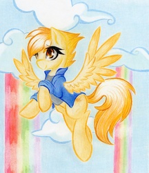 Size: 4732x5481 | Tagged: safe, artist:emberslament, spitfire, pegasus, pony, g4, absurd resolution, clothes, cloud, female, flying, jacket, solo, traditional art