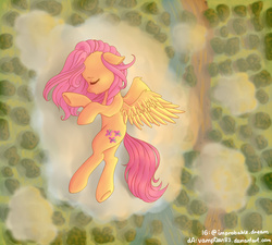 Size: 2000x1800 | Tagged: safe, artist:vampteen83, fluttershy, pegasus, pony, g4, aerial view, cloud, eyes closed, female, floppy ears, high angle, lying, lying down, on a cloud, on side, open mouth, sleeping, solo, spread wings, wings