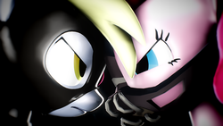 Size: 3840x2160 | Tagged: safe, artist:unknownspeedalicorn, derpy hooves, pinkie pie, pegasus, pony, g4, 3d, bane, bane mask, batman, batmare, clothes, costume, duo, epic derpy, face to face, female, high res, mare, source filmmaker, squint, the dark knight rises