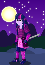 Size: 2074x3000 | Tagged: safe, artist:spellboundcanvas, twilight sparkle, equestria girls, g4, armor, female, high res, humanized, moon, mountain, night, samurai, solo, stars