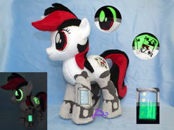 Size: 4608x3456 | Tagged: safe, artist:kiashone, oc, oc only, oc:blackjack, cyborg, pony, unicorn, fallout equestria, fallout equestria: project horizons, amputee, cybernetic legs, glow in the dark, irl, level 1 (project horizons), photo, plushie