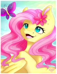 Size: 1545x2000 | Tagged: safe, artist:pillonchou, fluttershy, butterfly, g4, female, flower, flower in hair, nostrils, solo