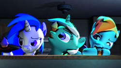 Size: 3840x2160 | Tagged: safe, artist:radiativespinger, dj pon-3, lyra heartstrings, rainbow dash, vinyl scratch, pegasus, pony, unicorn, g4, 3d, balancing, cupcake, eating, food, high res, ponies balancing stuff on their nose, record, source filmmaker, tongue out, trio