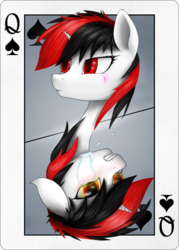Size: 744x1039 | Tagged: safe, artist:yunnecora, oc, oc only, oc:blackjack, fallout equestria, fallout equestria: project horizons, colored sclera, crying, playing card, queen of spades, yellow sclera