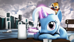 Size: 1920x1080 | Tagged: safe, artist:yaasho, trixie, bird, pony, unicorn, g4, 3d, boat, chair, city, cloud, cloudy, cup, female, harbor, magic, mare, saucer, sitting, source filmmaker, table