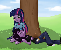 Size: 1280x1054 | Tagged: safe, artist:hasana-chan, twilight sparkle, oc, oc:hasana-chan, equestria girls, g4, blushing, canon x oc, female, humanized, lesbian, self insert, shipping, tree