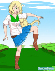 Size: 700x900 | Tagged: safe, artist:haleyc4629, applejack, equestria girls, g4, clothes, denim skirt, female, giantess, hair over one eye, humanized, macro, skirt, solo