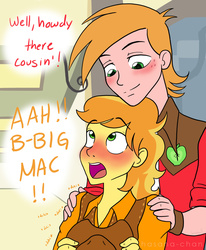 Size: 1280x1554 | Tagged: safe, artist:hasana-chan, big macintosh, braeburn, human, equestria girls, g4, applecest, bad touch, blushing, comic, dialogue, equestria girls-ified, gay, humanized, implied incest, implied shipping, incest, male, molestation, ship:braemac, shipping, size difference, sweat