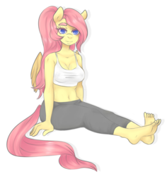 Size: 1116x1184 | Tagged: safe, artist:pettankochan, fluttershy, anthro, plantigrade anthro, g4, barefoot, belly button, cleavage, clothes, feet, female, looking at you, midriff, ponytail, sitting, soles, solo, tank top, toes, yoga pants