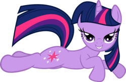 Size: 6000x3904 | Tagged: safe, artist:slb94, artist:tiarawhy, twilight sparkle, pony, unicorn, g4, absurd resolution, bedroom eyes, female, grin, lip bite, looking at you, mare, prone, show accurate, simple background, smiling, smiling at you, solo, stupid sexy twilight, transparent background, twilight's special message, unicorn twilight, vector