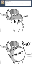 Size: 660x1320 | Tagged: safe, artist:tjpones, oc, oc only, oc:brownie bun, oc:fluffle puff, earth pony, pony, horse wife, comic, fluffy, grayscale, implied fluffle puff, implied hit, lawsuit, monochrome, parody, pillow, pomf, reference, simple background, solo, tumblr, white background