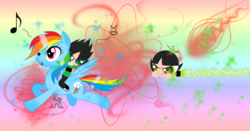Size: 1024x536 | Tagged: safe, artist:nyanicornyay, rainbow dash, g4, butch (powerpuff girls), buttercup (powerpuff girls), riding, the powerpuff girls
