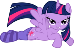 Size: 6000x3904 | Tagged: safe, artist:slb94, artist:tiarawhy, twilight sparkle, alicorn, pony, g4, absurd resolution, bedroom eyes, clothes, female, grin, lip bite, looking at you, mare, pegasus wings, prone, show accurate, simple background, smiling, smiling at you, socks, solo, spread wings, striped socks, transparent background, twilight sparkle (alicorn), vector