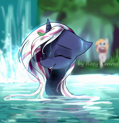 Size: 1000x1039 | Tagged: safe, artist:rocy canvas, oc, oc only, oc:velvet remedy, pony, unicorn, eyes closed, fanfic, fanfic art, female, floppy ears, horn, mare, mouth hold, smiling, teeth, water, waterfall, wet mane