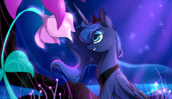 Size: 1200x693 | Tagged: safe, artist:rocy canvas, princess luna, alicorn, pony, do princesses dream of magic sheep, g4, dream, female, flower, giant flower, grin, lidded eyes, luna's dream, mare, night, sitting, smiling, solo, surreal
