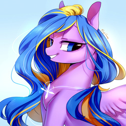 Size: 1545x1545 | Tagged: safe, artist:rocy canvas, oc, oc only, pegasus, pony, bust, female, hairband, jewelry, mare, pendant, signature, solo, spread wings, wings