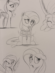Size: 2000x2667 | Tagged: safe, artist:ncmares, fluttershy, g4, angry, clothes, eyes closed, female, floppy ears, glare, high res, monochrome, nose wrinkle, open mouth, shirt, sketch, smiling, solo