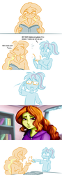 Size: 1280x3600 | Tagged: safe, artist:ponut_joe, adagio dazzle, sonata dusk, equestria girls, g4, :d, :t, book, clothes, comic, derp, dialogue, faic, glasses, hoodie, looking at you, reading, shoujo vision, squint, wat, younger