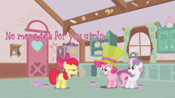 Size: 1191x670 | Tagged: safe, artist:gentlemanpanda, apple bloom, pinkie pie, sweetie belle, g4, age regression, filly, hat, mad hatter, mad hatter hat, tea party