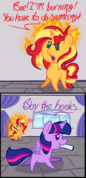 Size: 668x1371 | Tagged: dead source, safe, artist:estrill, artist:php92, sunset shimmer, twilight sparkle, alicorn, pony, unicorn, g4, askbookobsessedtwilight, bae, bby, book, crying, fiery shimmer, fire, grimcute, implied lesbian, implied shipping, implied sunsetsparkle, irony, mane of fire, mouth hold, shimmerbuse, skewed priorities, that pony sure does love books, twilight sparkle (alicorn)