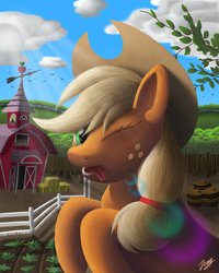 Size: 1500x1875 | Tagged: safe, artist:duskie-06, applejack, g4, barn, female, solo, sweet apple acres, wink