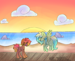 Size: 1059x854 | Tagged: safe, artist:justalittleshadow, oc, oc only, oc:brooklyn, oc:seafoam, beach, sunset