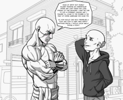 Size: 1270x1027 | Tagged: safe, artist:pencils, oc, oc only, oc:anon, oc:richard, human, astartes pattern baldness, bald, barely pony related, breaking the fourth wall, monochrome, partial color