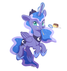 Size: 900x950 | Tagged: safe, artist:sion, princess luna, g4, female, flan, floppy ears, food, levitation, looking at you, magic, pudding, solo, telekinesis