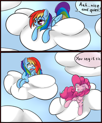 Size: 1280x1536 | Tagged: safe, artist:madacon, pinkie pie, rainbow dash, earth pony, pegasus, pony, g4, cloud, comic, duo, duo female, female, grammar error, how, mare, pinkie being pinkie, pinkie physics, surprised