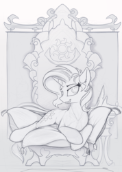 Size: 1440x2017 | Tagged: safe, artist:yakovlev-vad, sunset shimmer, pony, unicorn, g4, draw me like one of your french girls, female, looking at you, monochrome, prone, sketch, solo, throne