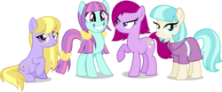 Size: 1388x575 | Tagged: safe, artist:xebck, coco pommel, fuchsia blush, lavender lace, sunny flare, earth pony, pony, equestria girls, g4, my little pony equestria girls: friendship games, my little pony equestria girls: rainbow rocks, alternate universe, equestria girls ponified, female, group, pie sisters, ponified, quartet, simple background, transparent background, vector